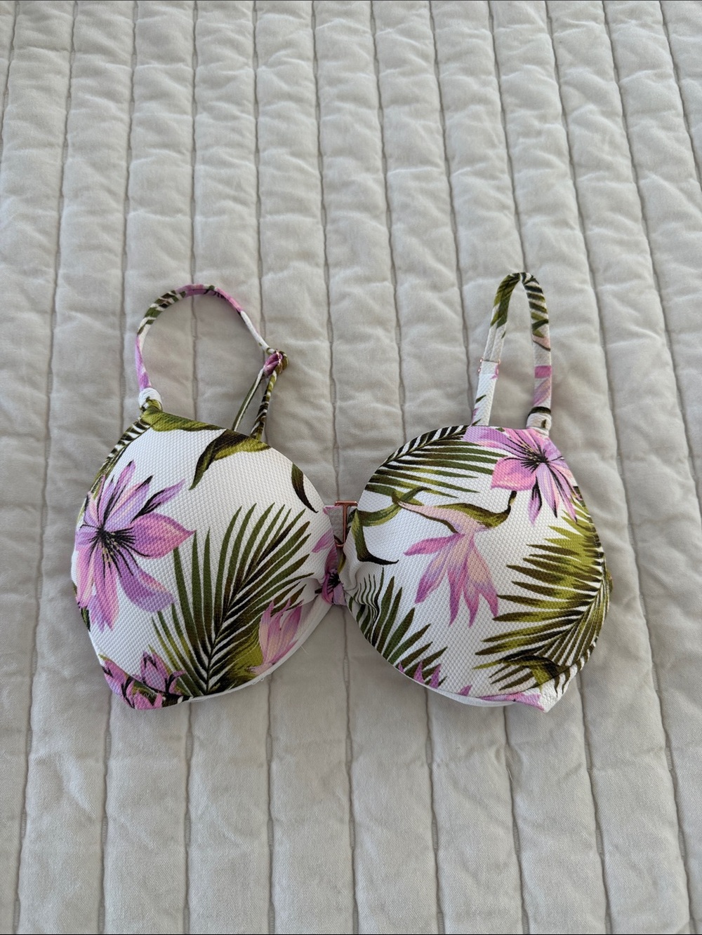 Shade & Shore White Bikini Top with Pink Floral and Green Leaf Print